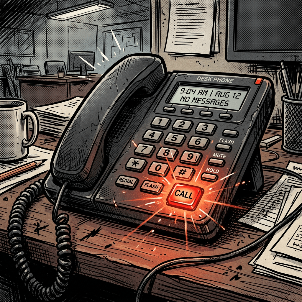 Desk phone on office desk with call button glowing and no messages displayed