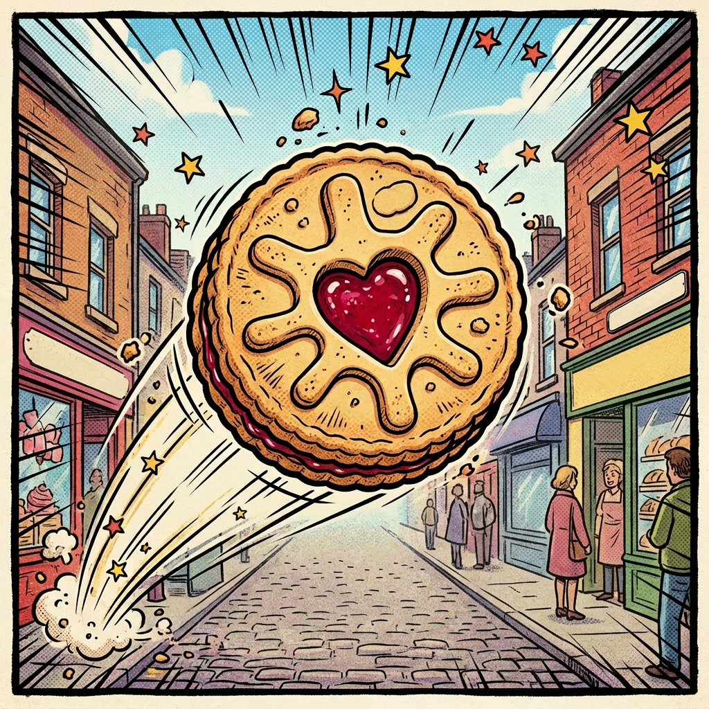 Jammy dodger cookie with heart-shaped jam center bursting through a street with comic words like crunch, zap, and dodger