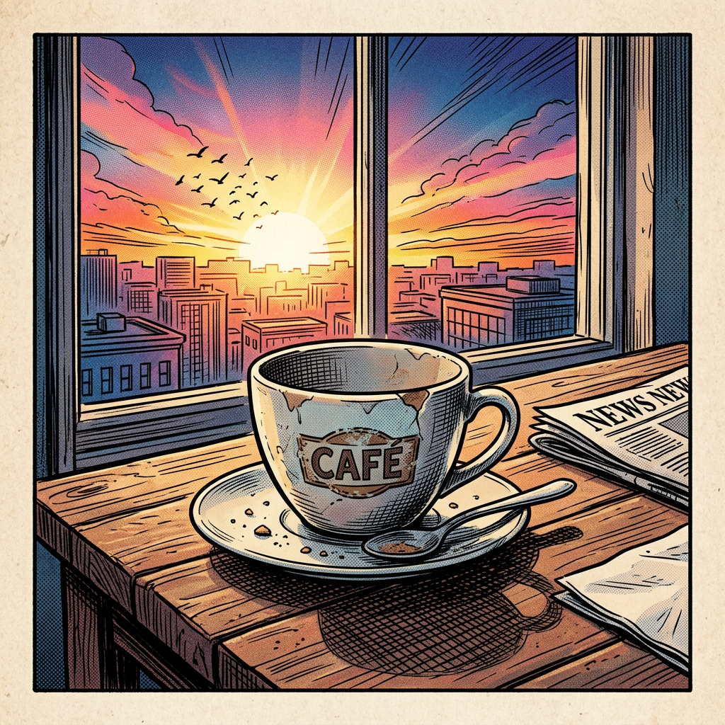 Coffee cup on wooden table near window showing sunrise over city buildings