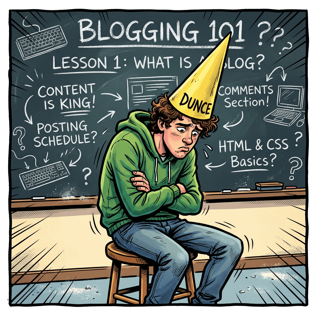 Student wearing dunce cap sitting on stool in front of chalkboard with blogging tips and questions