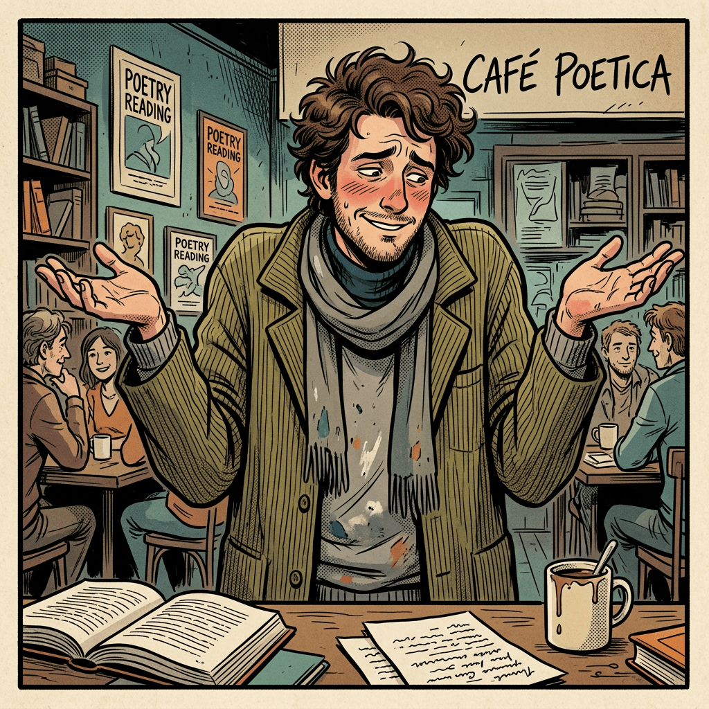 Embarrassed poet-like man shrugging, no speech bubbles