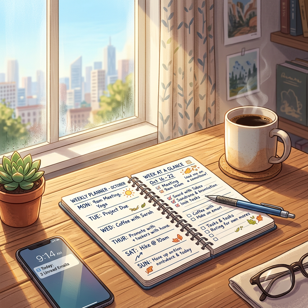 Weekly planner open on desk with coffee cup, phone showing 9:14 AM and unread emails, glasses and small plant