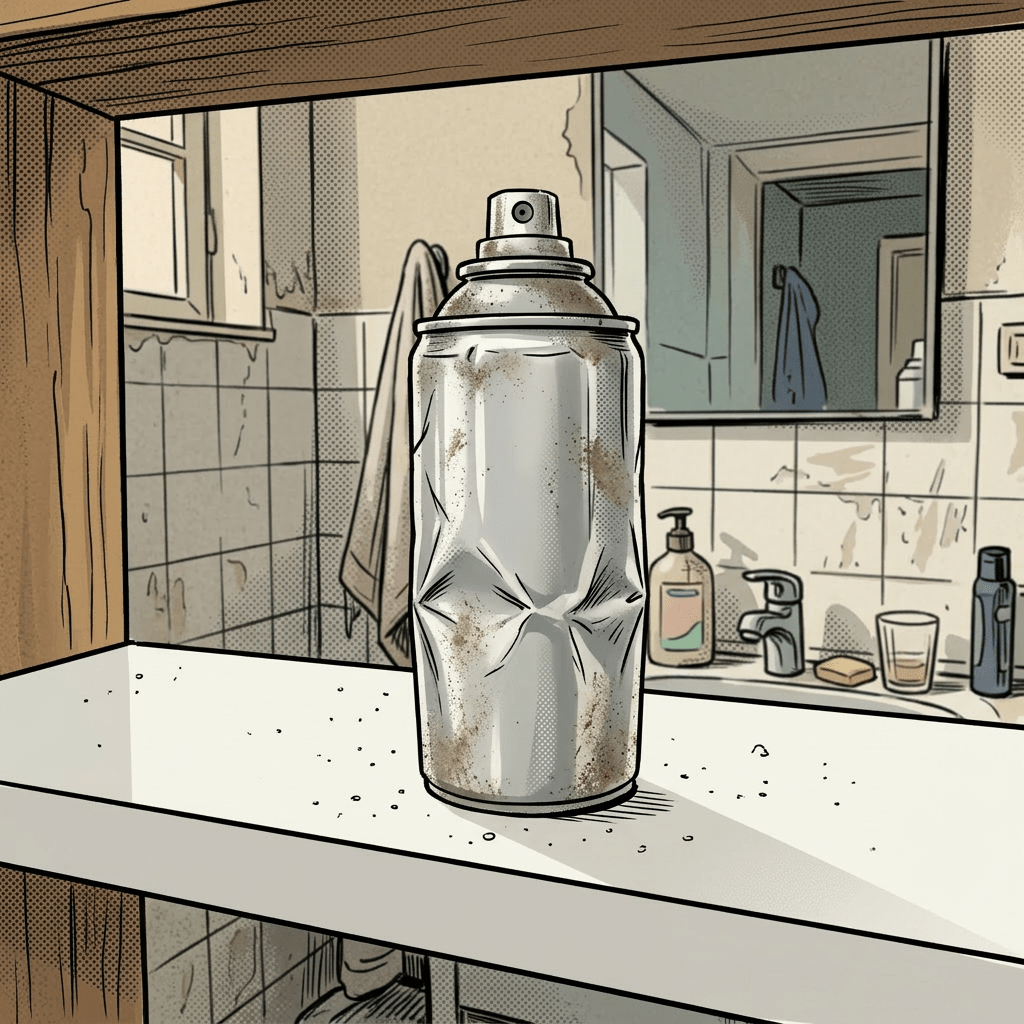 Worn Axe Phoenix body spray can on dirty wooden shelf in old bathroom