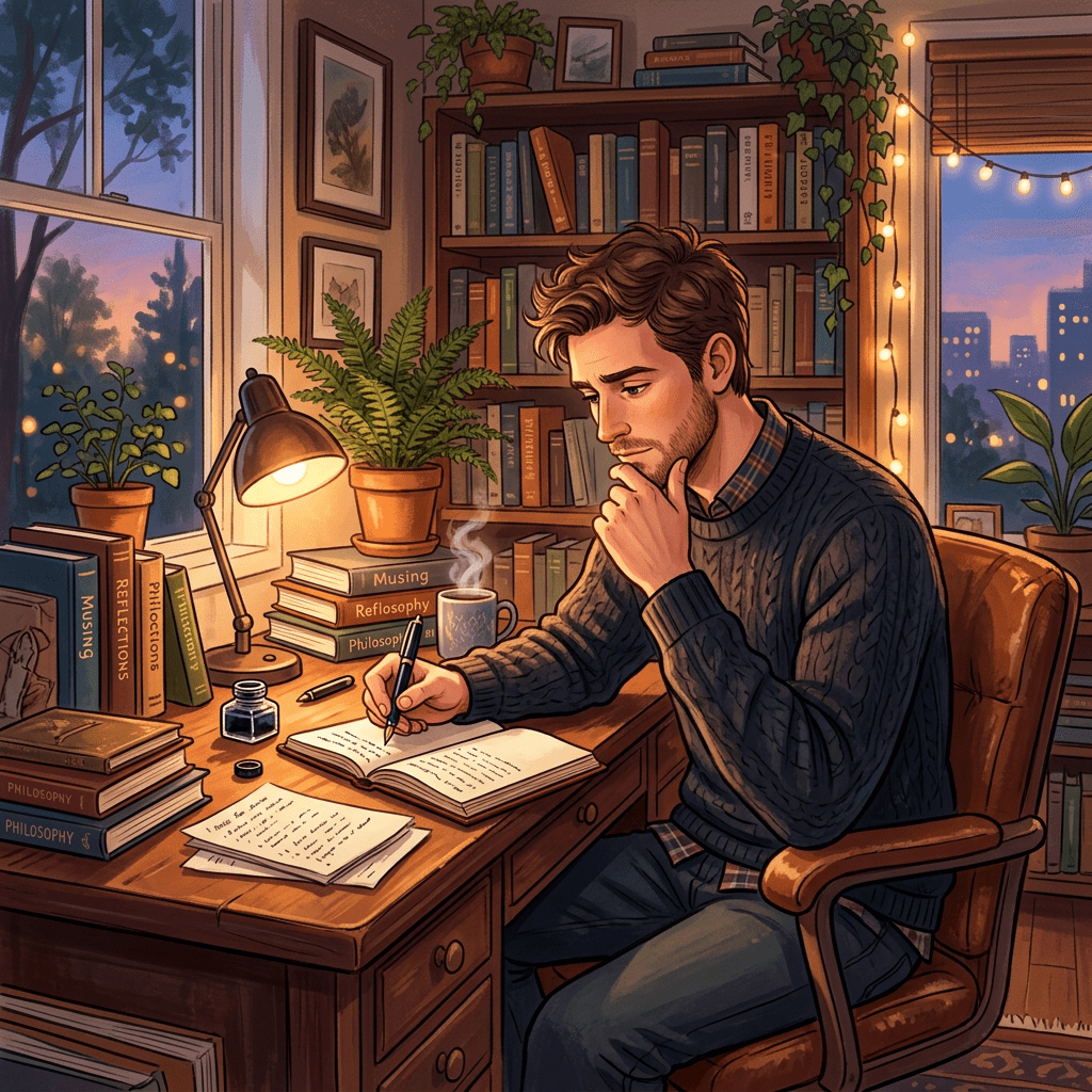Man writing in journal at desk with books and plants in cozy room at dusk