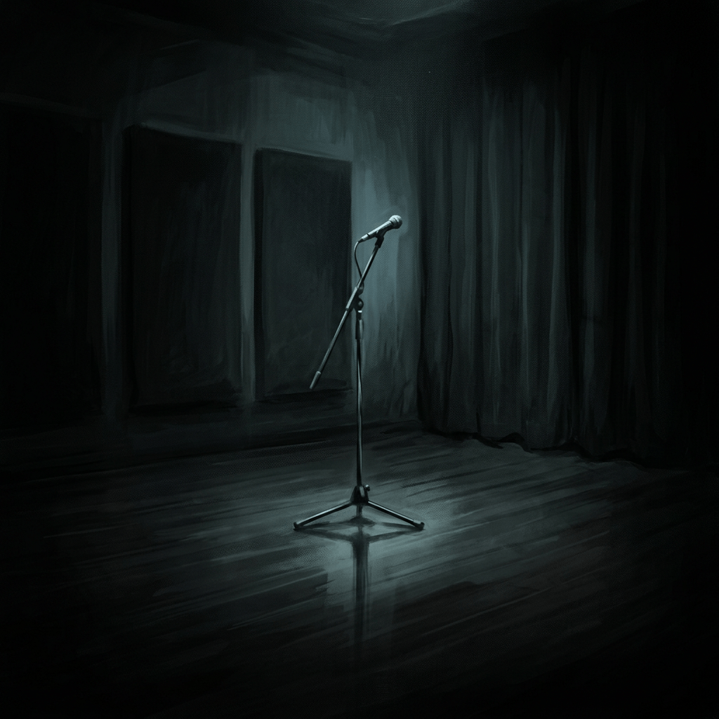Microphone stand in empty dim studio, foreboding mood