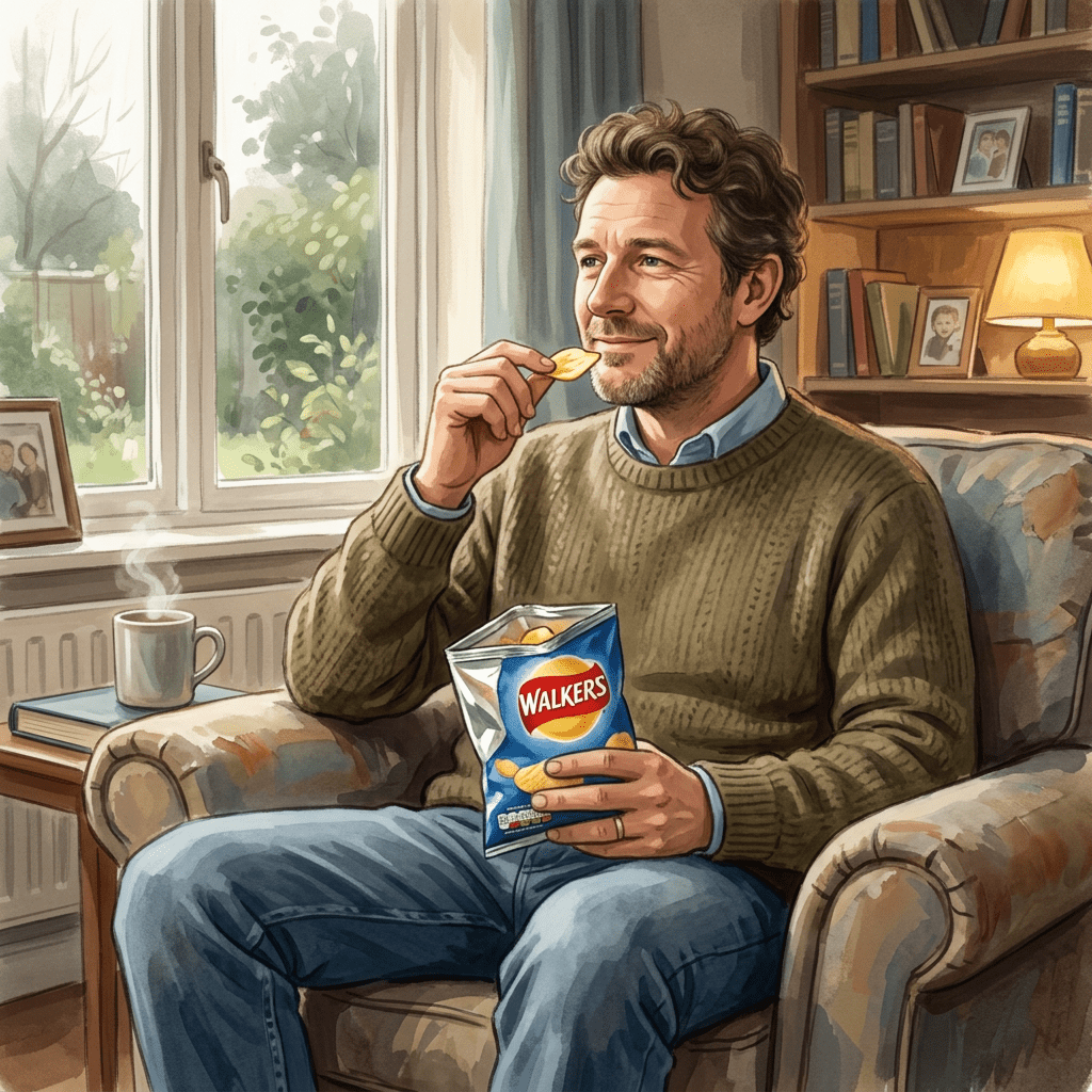Average man peacefully eating crisps