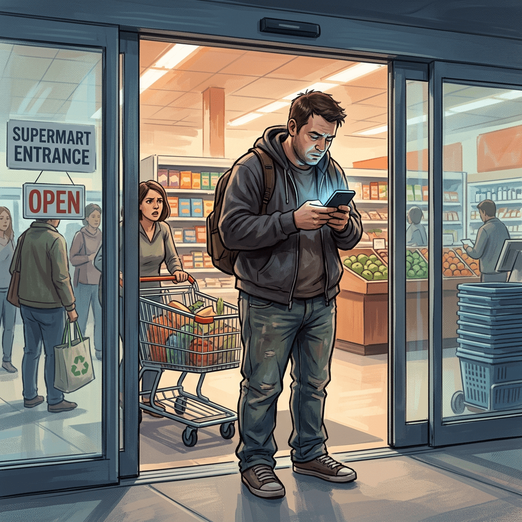 Man blocking grocery entrance staring at phone