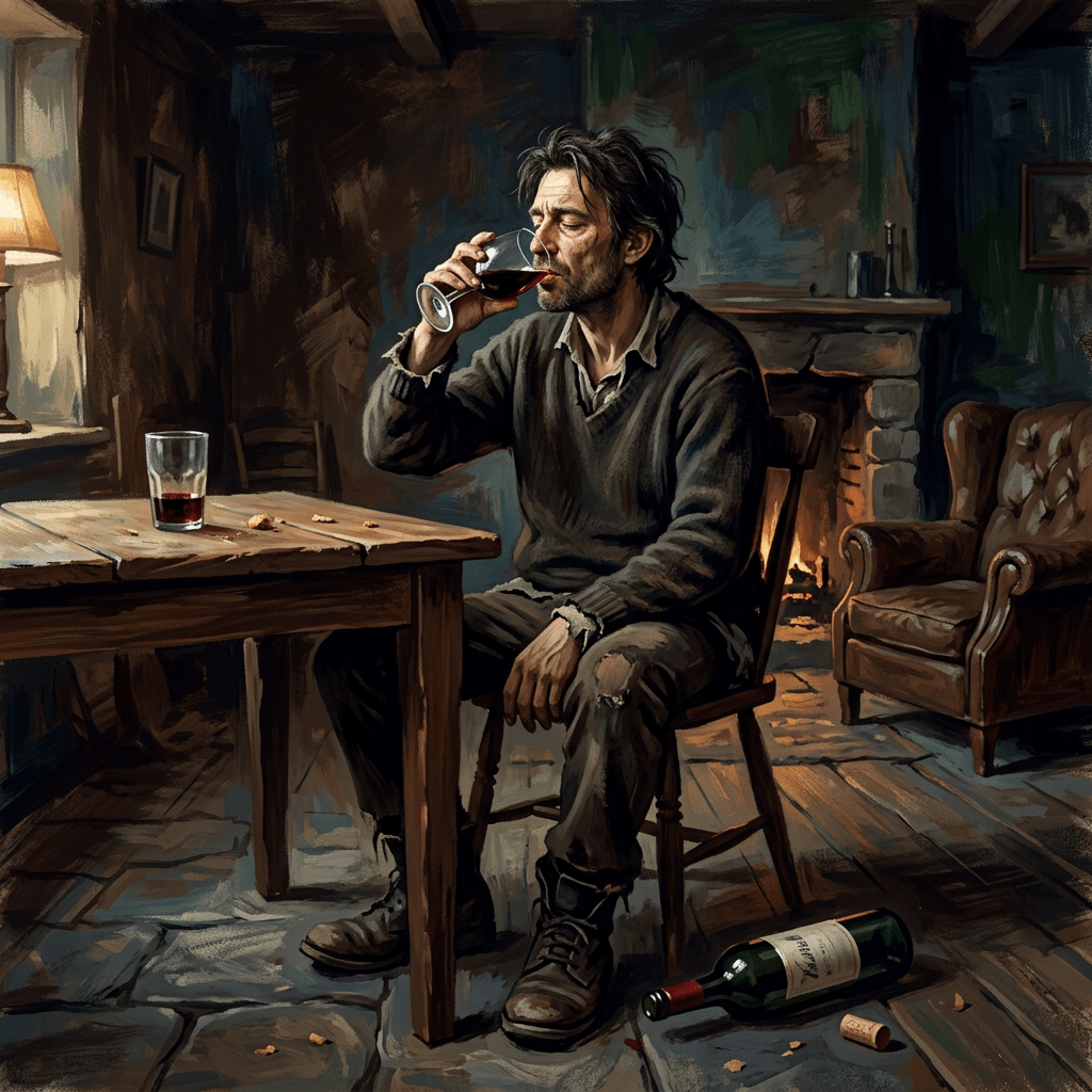 Man alone draining wine, empty bottle on floor