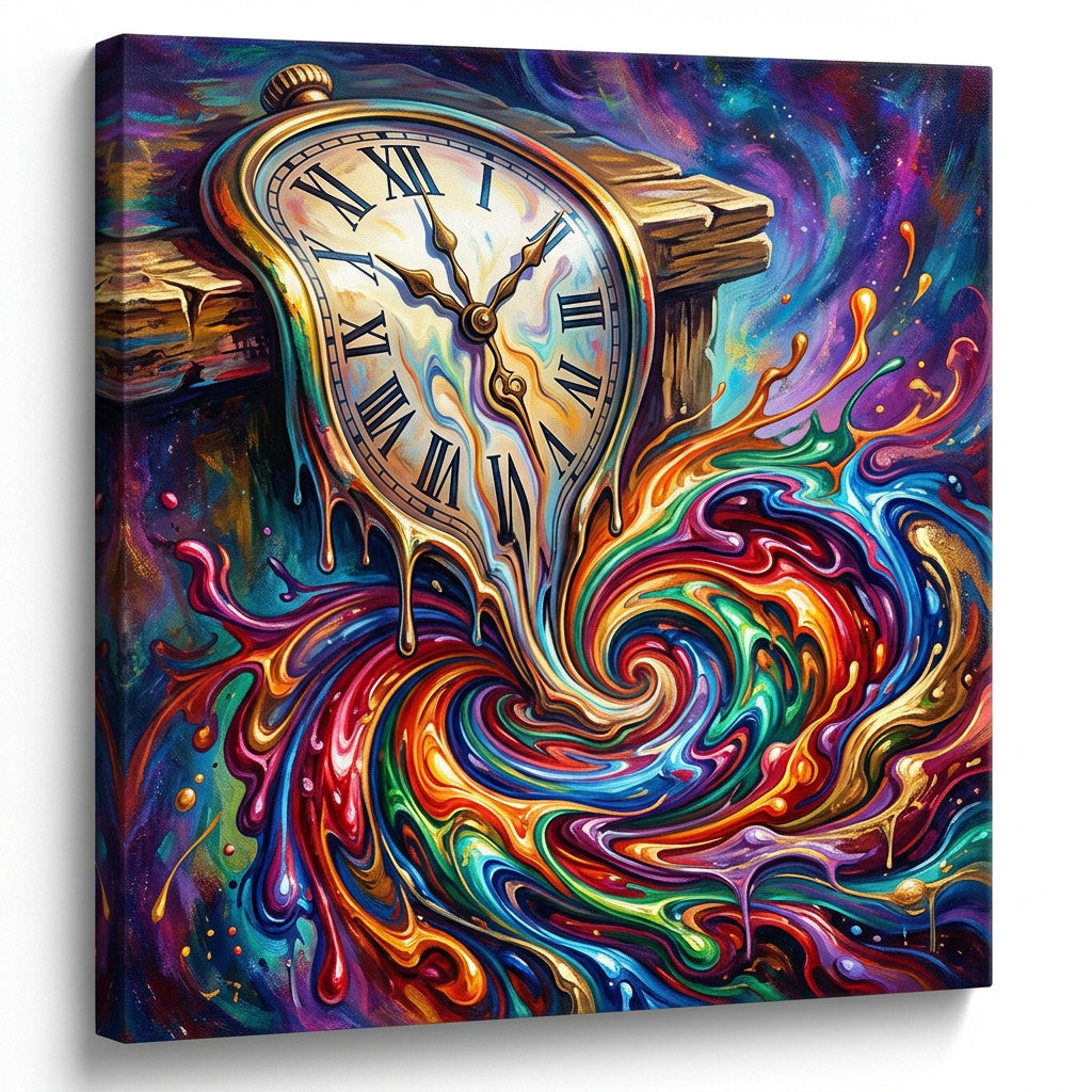 Melting clock over wooden plank dripping into swirling colorful vortex