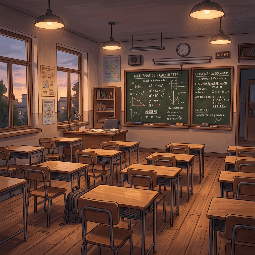 Empty classroom with wooden desks, chalkboards filled with math and French lessons, and sunset light through windows