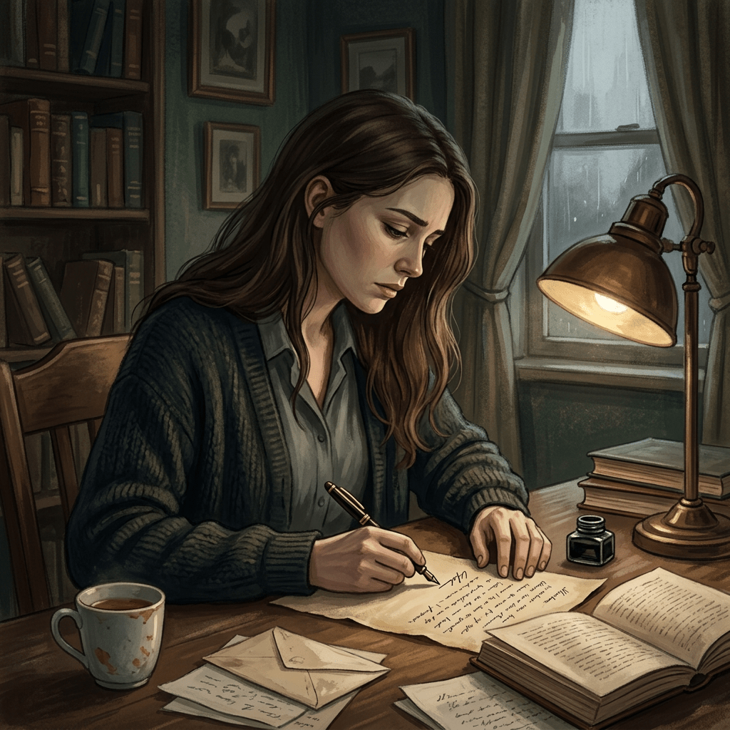 Woman writing a letter at a desk in a study with books and lamp