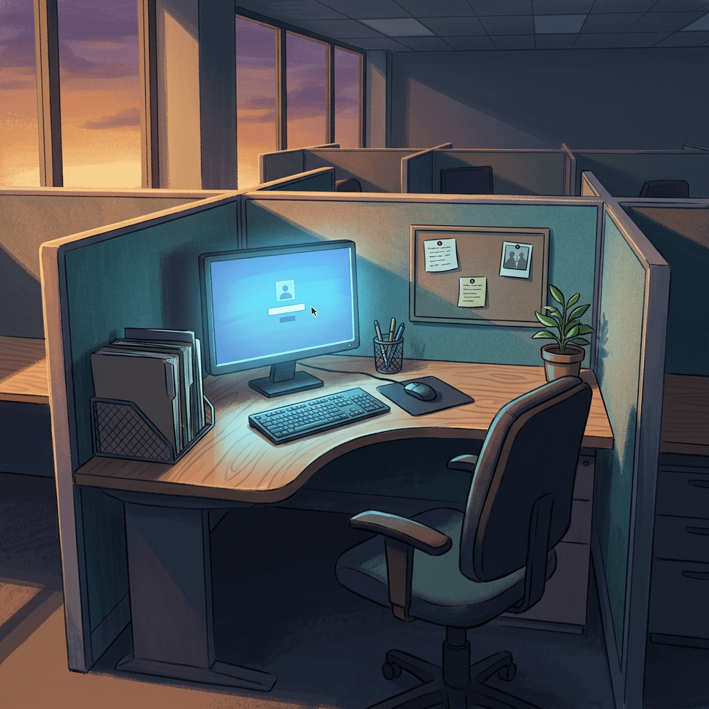 Empty office cubicle with computer, chair, plant, and files at sunset