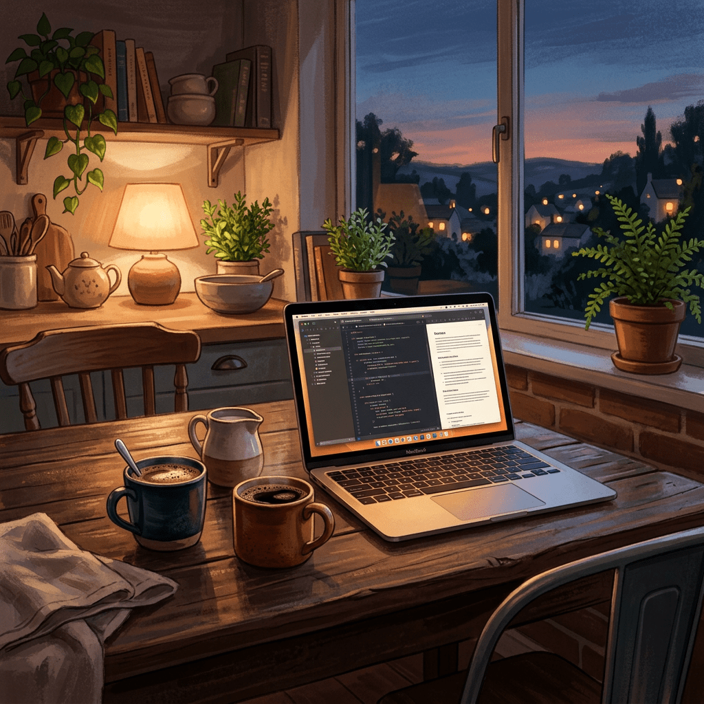Wooden table with laptop displaying code, two coffee mugs, a milk jug, and potted plants by a window overlooking twilight village houses.
