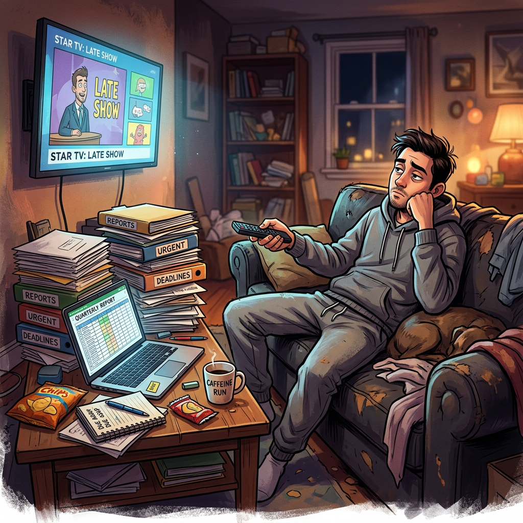 Bored man watching TV ignoring work pile