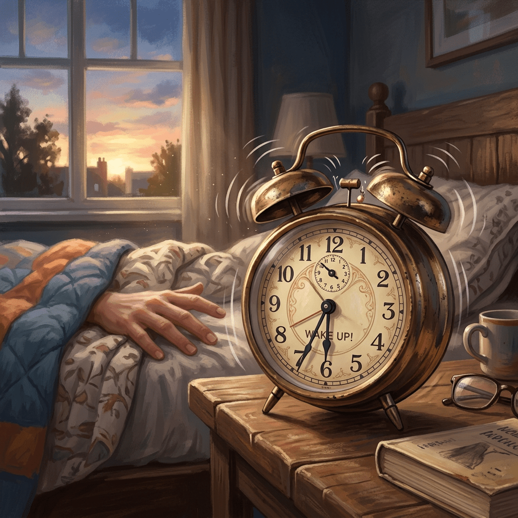 Vintage alarm clock ringing on bedside table with hand reaching out from bed