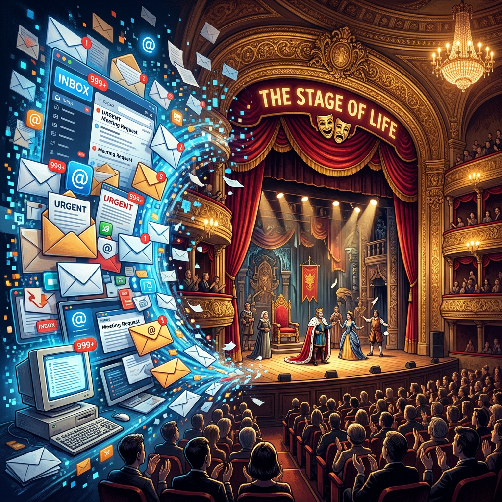 Theater scene with actors on stage and swirling digital emails and notifications from vintage computers
