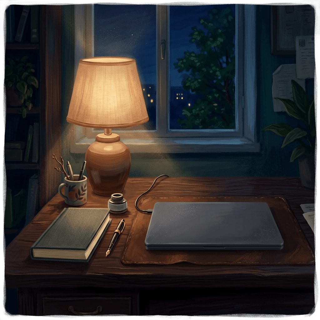 Desk with lamp, closed laptop, notebook, pen, and pen holder beside a window at night