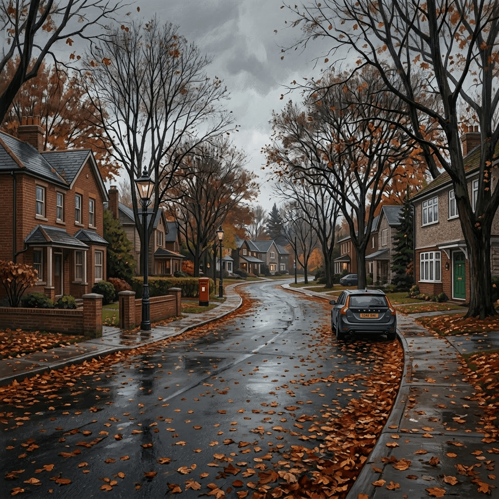 Wet suburban street with fallen orange leaves and houses under gloomy sky