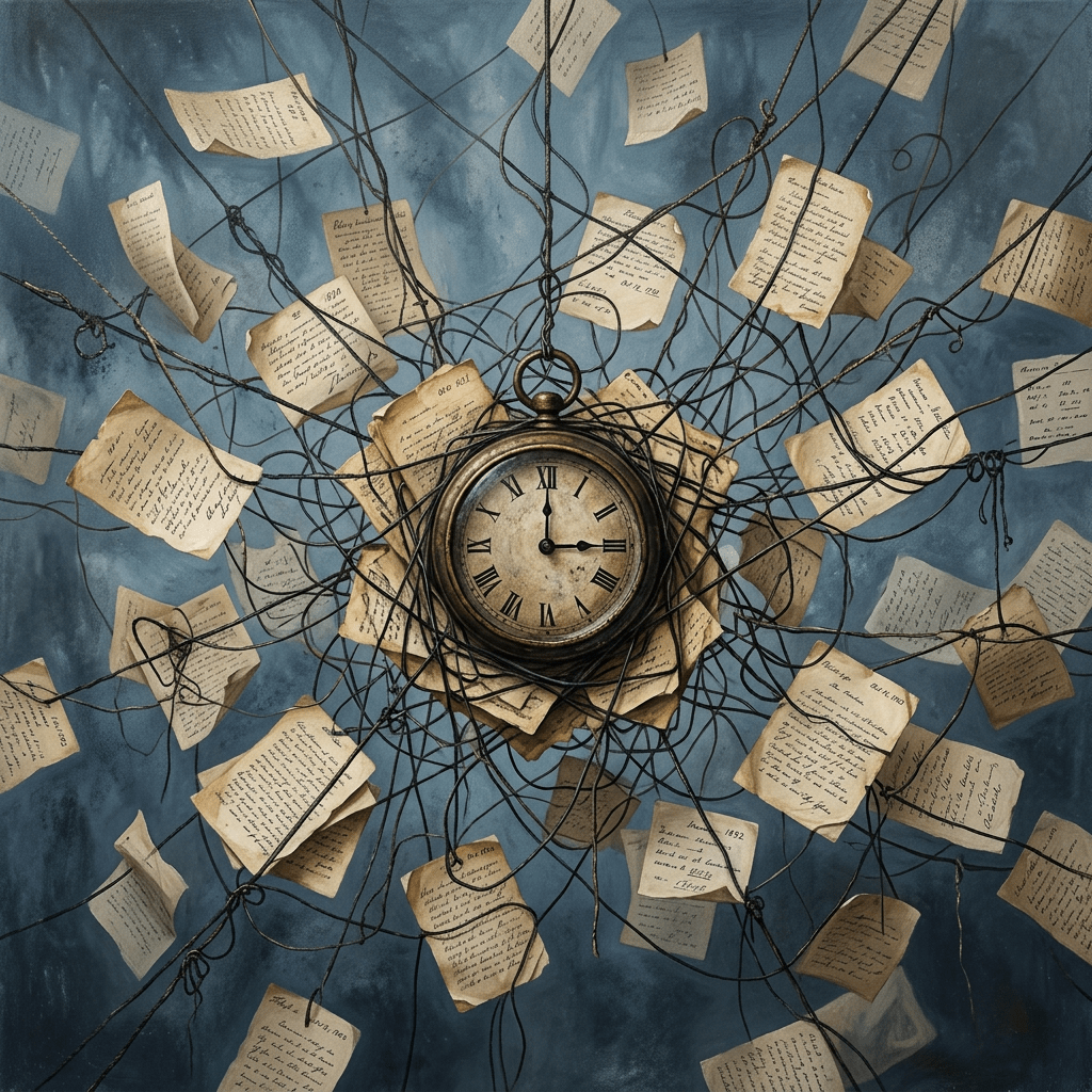 Antique clock at center entangled in black wires surrounded by aged handwritten pages