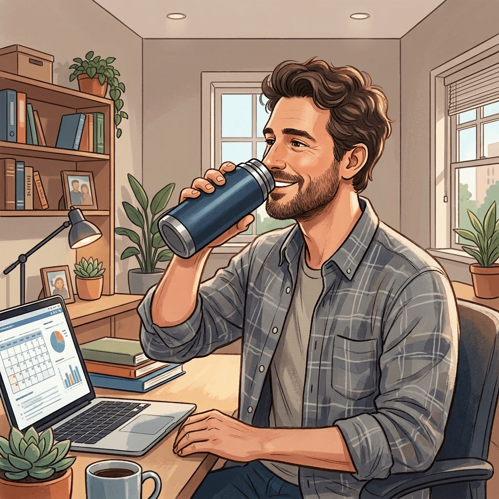 Man drinking coffee at desk with laptop and office background