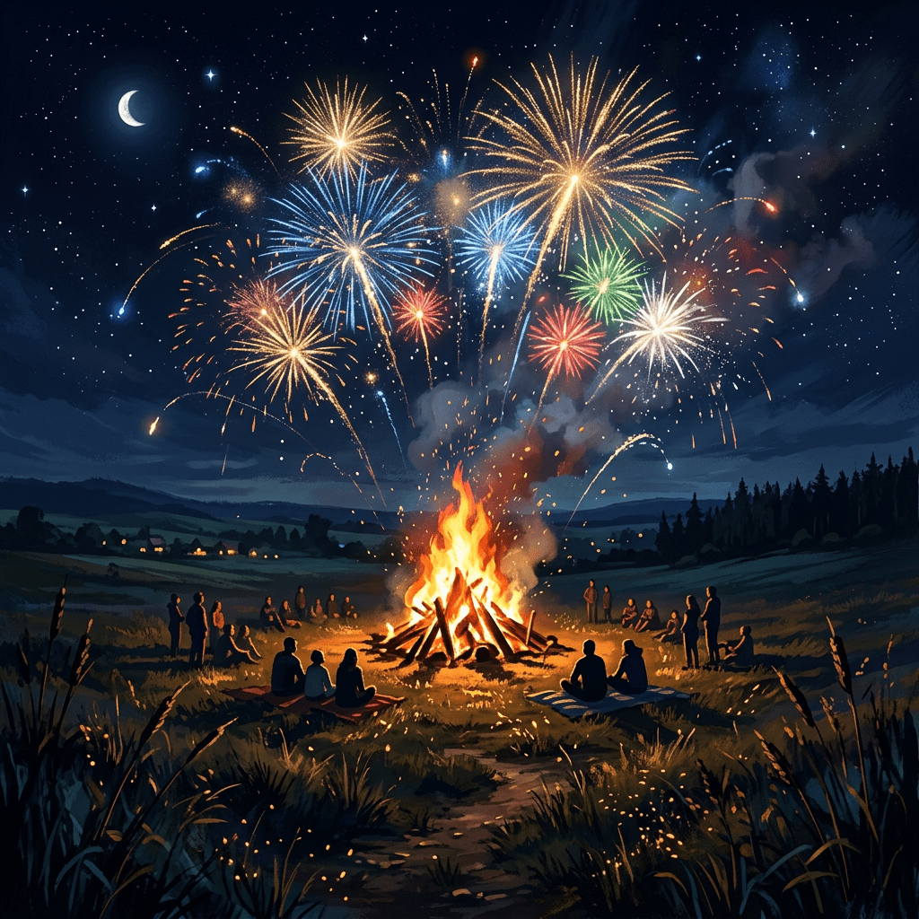 People sitting and standing around a large bonfire in a field with colorful fireworks bursting in the night sky above