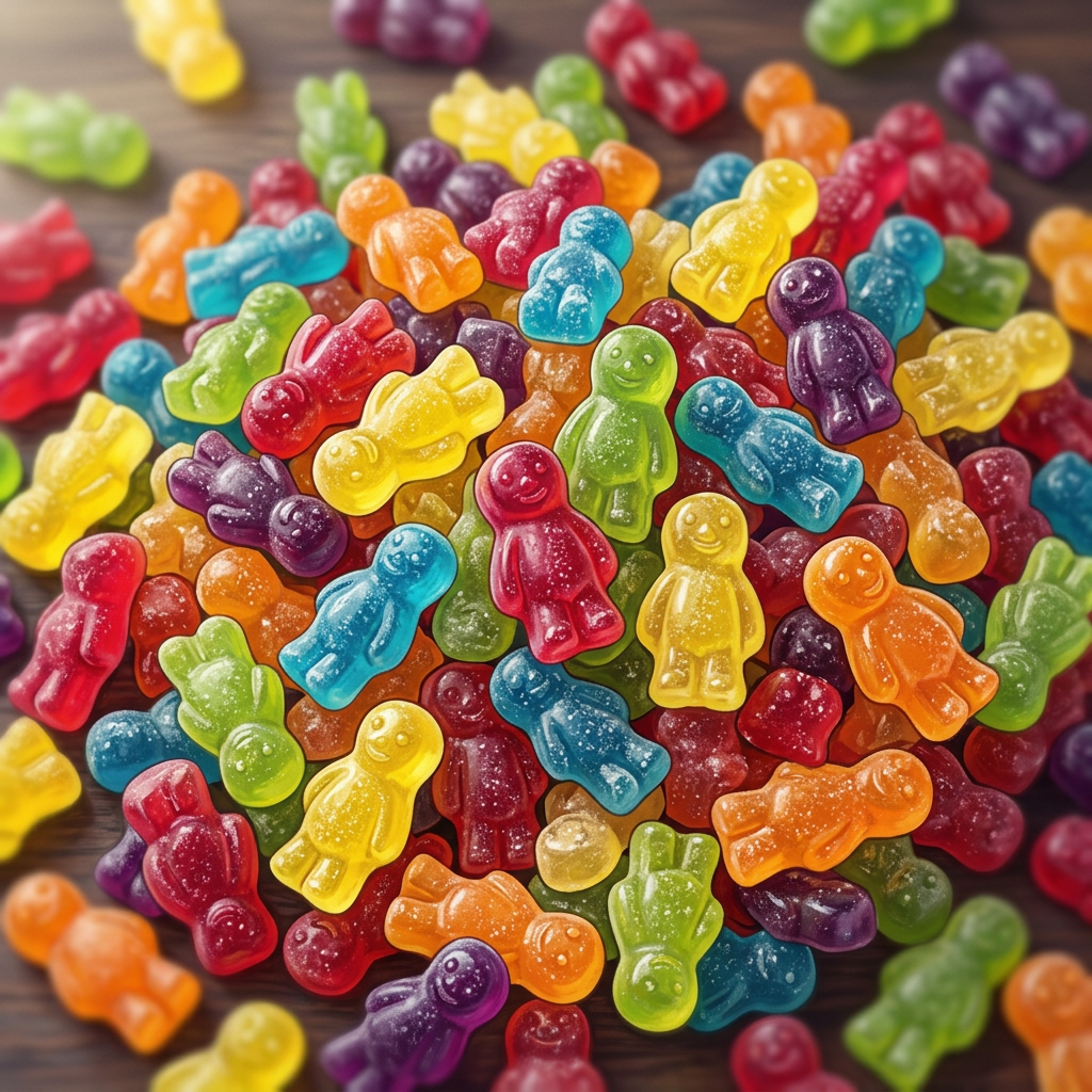 Variety of colorful smiling gummy candies in red, yellow, green, blue, orange, and purple colors.