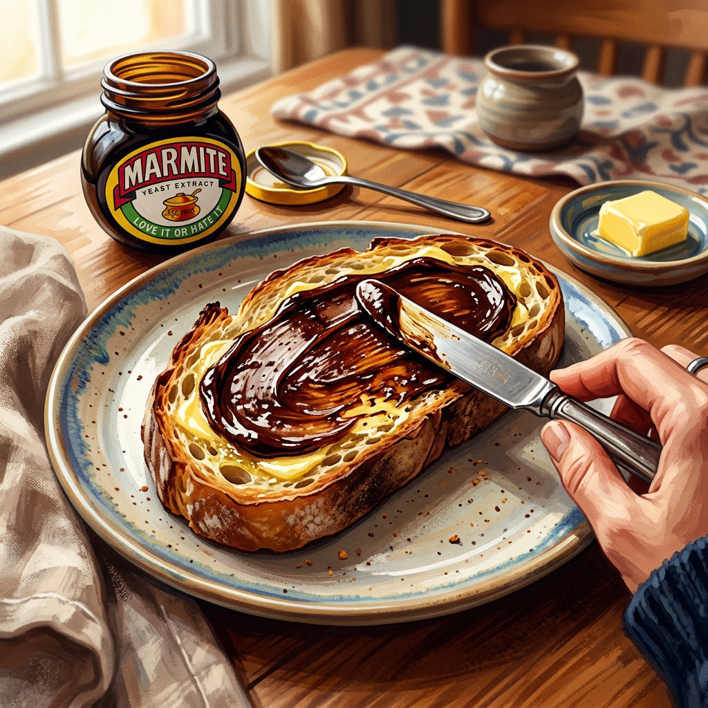 Marmite spread on buttered toast close-up