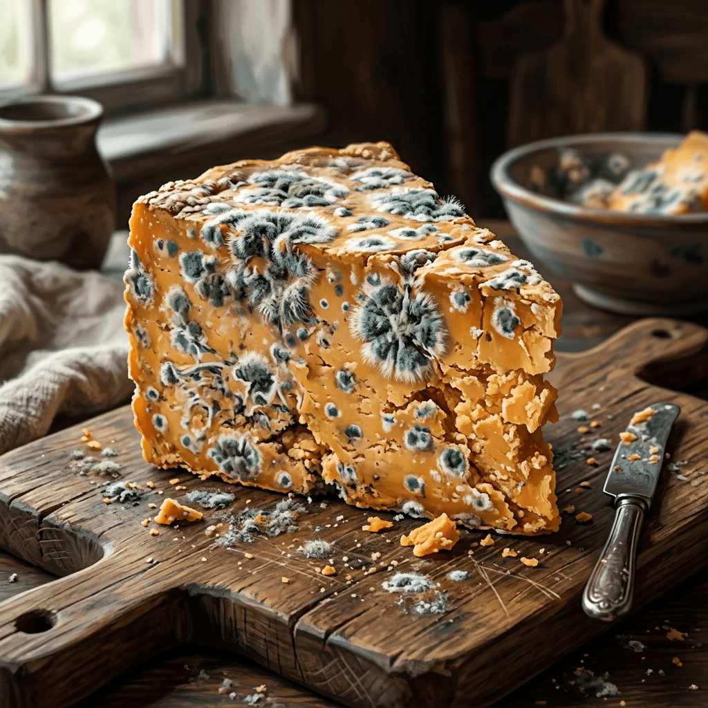 Wedge of orange cheese covered in blue-green mold on a wooden cutting board with a knife nearby