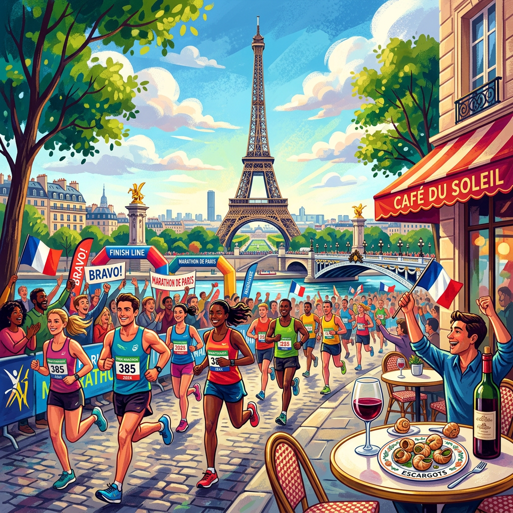 Runners finishing the Paris Marathon near the Eiffel Tower with enthusiastic spectators and a café scene.
