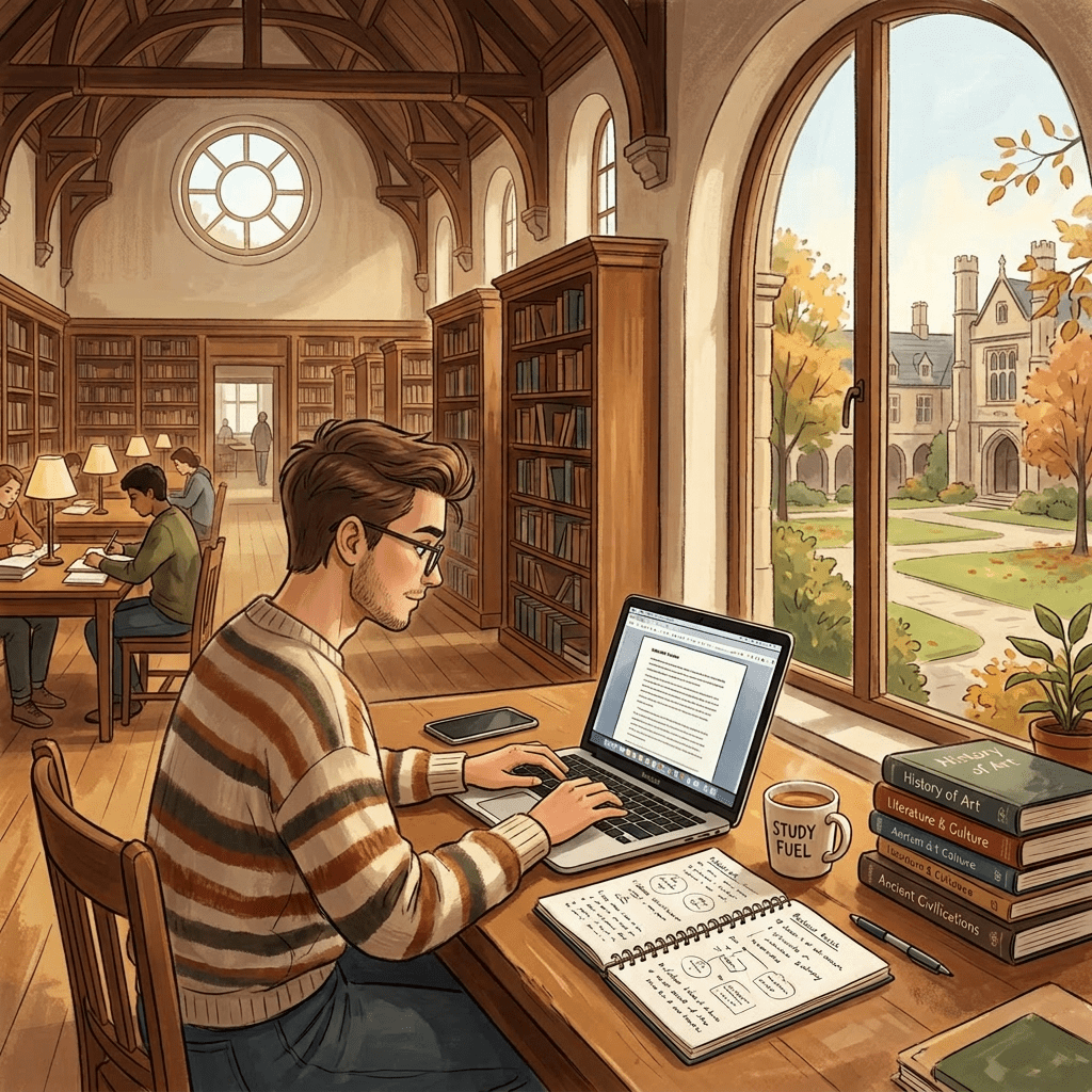 Student typing on a laptop at a wooden desk near large windows in a library