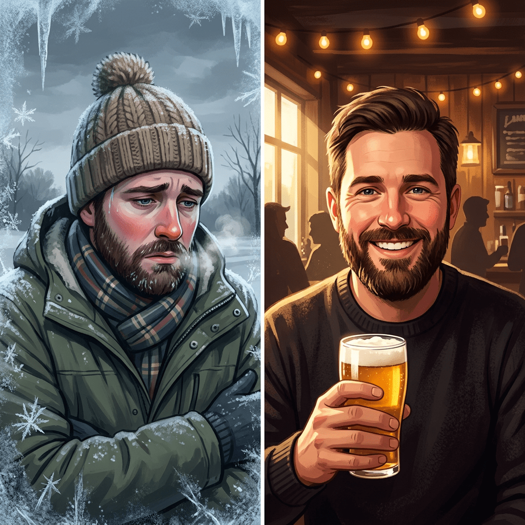 A man shivering in winter clothes outside and smiling with a beer inside a pub