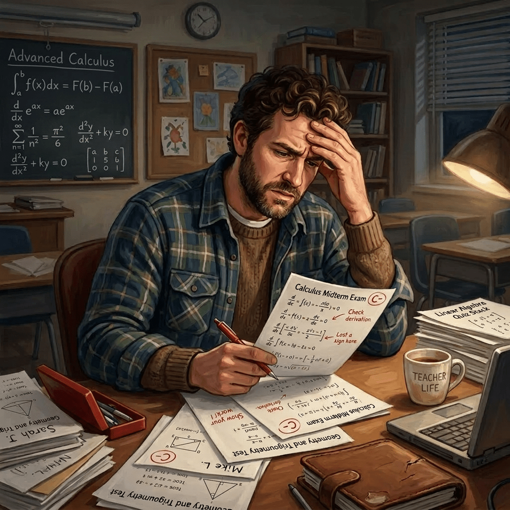 Teacher grading history essays and quizzes looking stressed at desk