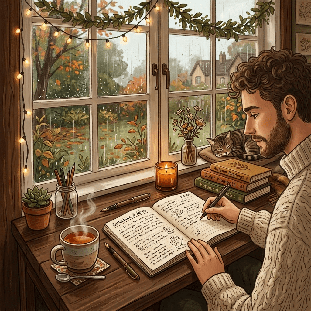 Woman journaling by a window with rainy autumn view, cat, and books