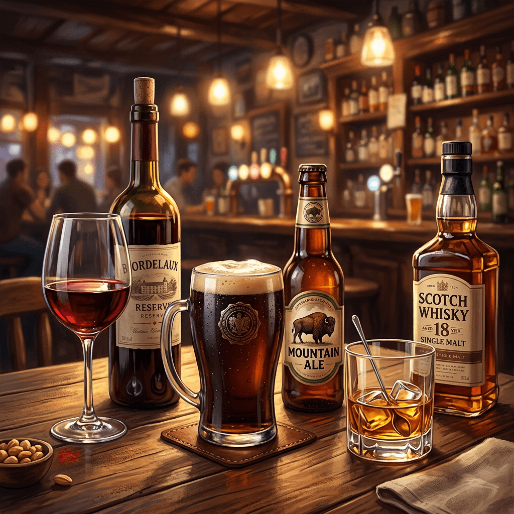 Glass of red wine, bottle of Bordeaux wine, mug of dark beer, bottle of Mountain Ale, glass of whiskey with ice, bottle of Scotch whisky