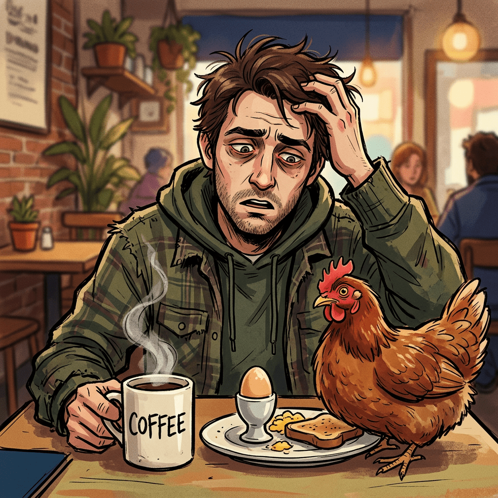 Man confused by a chicken sitting on a table with coffee and breakfast food