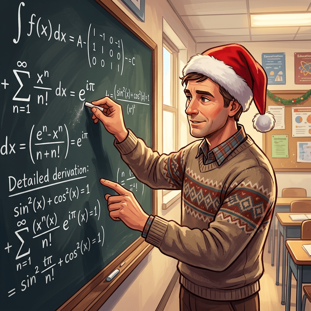 Teacher in Santa hat writing advanced math equations on a blackboard