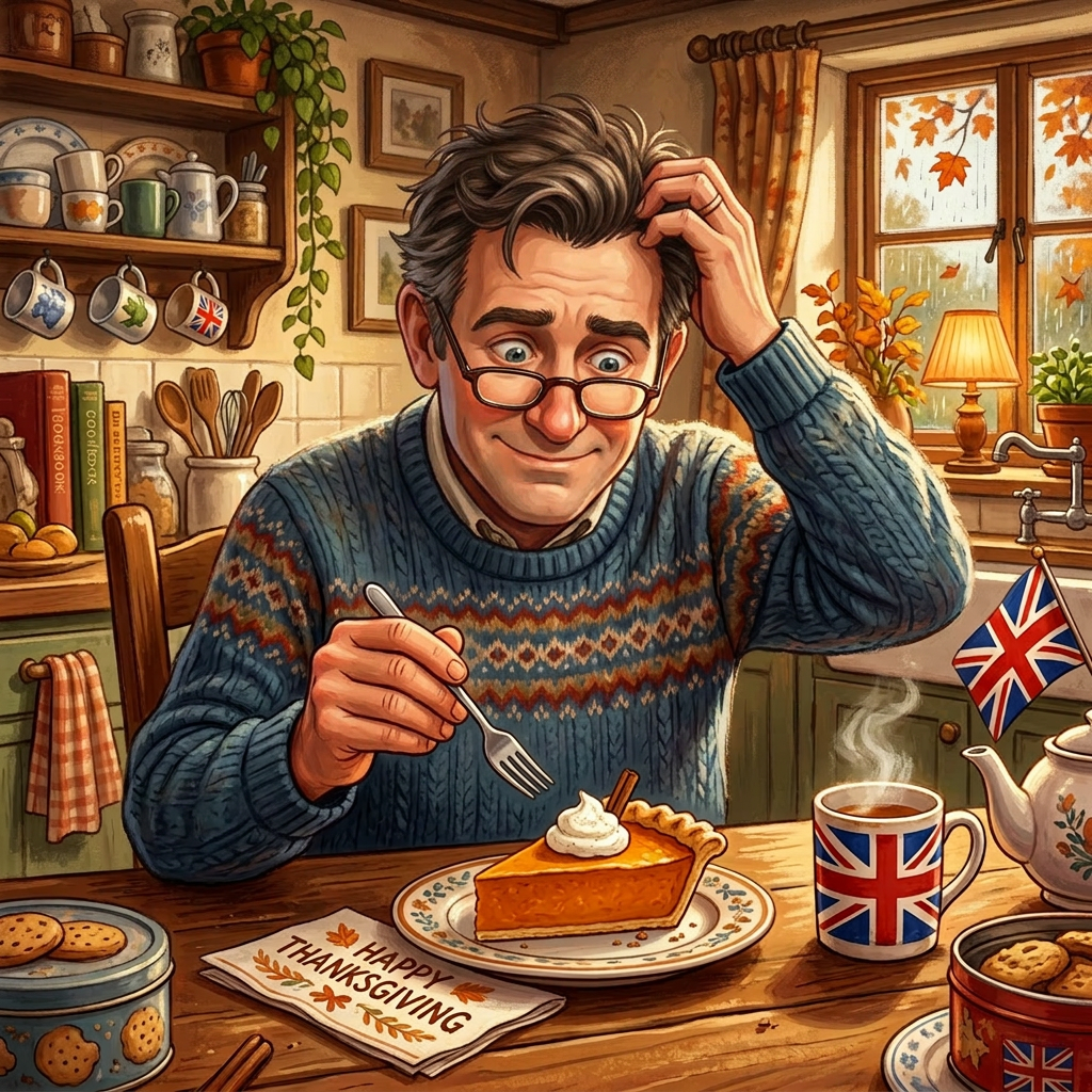 Elderly man with glasses and sweater eating pumpkin pie with whipped cream in a warm kitchen decorated with British flags and Thanksgiving napkin