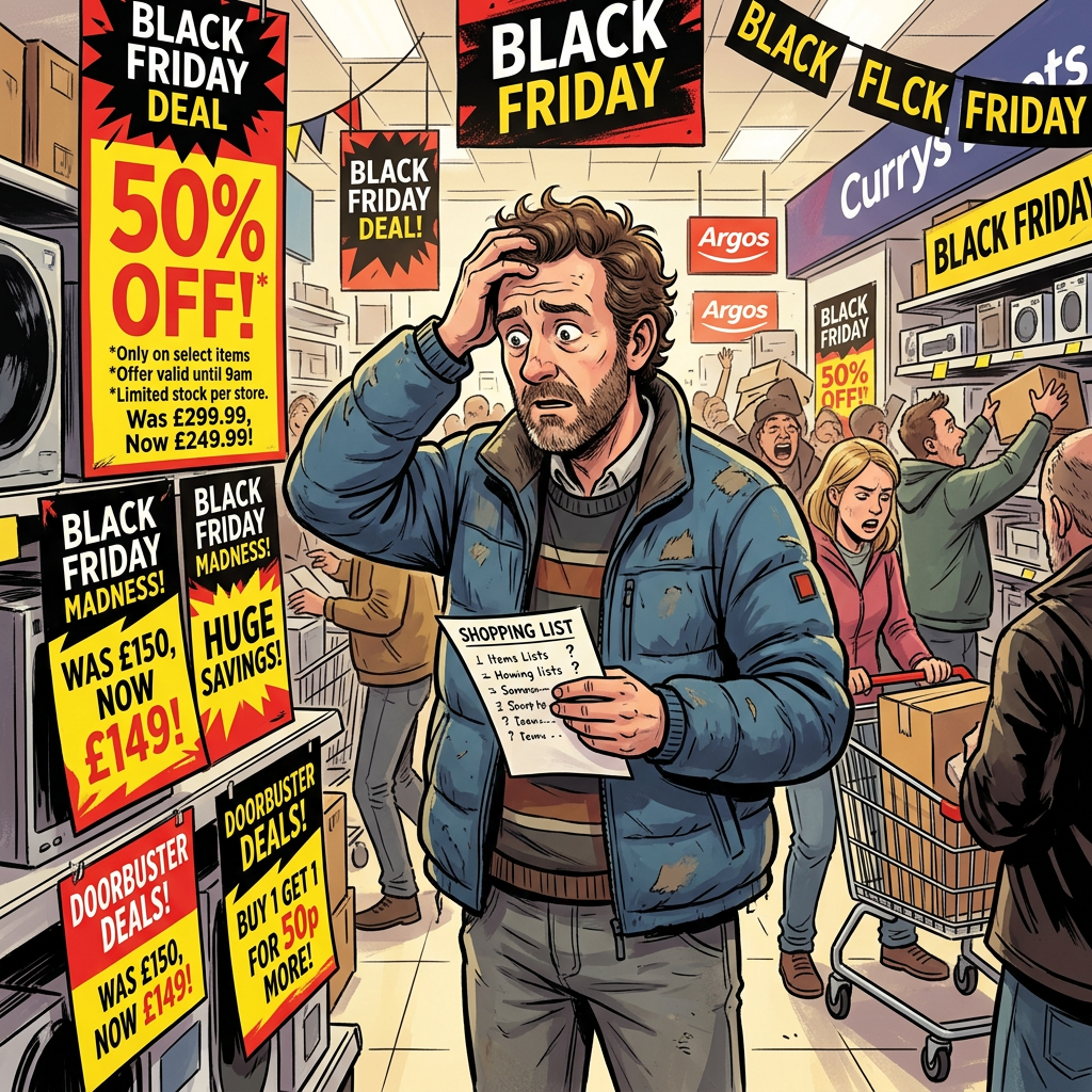 Man holding a shopping list looking confused amid crowded Black Friday sales in a store