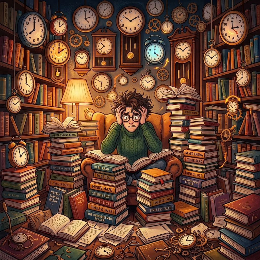 Stressed person surrounded by many books and clocks showing different times