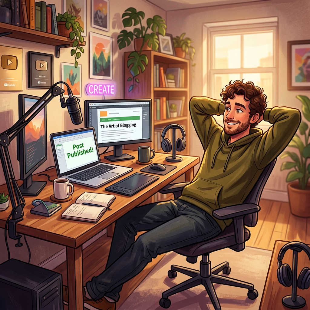 Man relaxing at desk with laptop showing 'Post Published!' and monitor displaying 'The Art of Blogging'