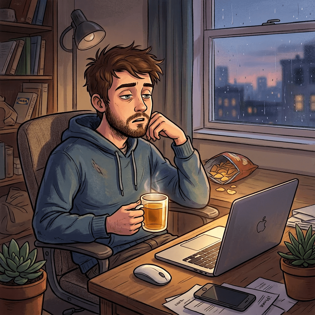 Man sitting at desk with laptop and tablet displaying Tesco email, holding a cup of tea.