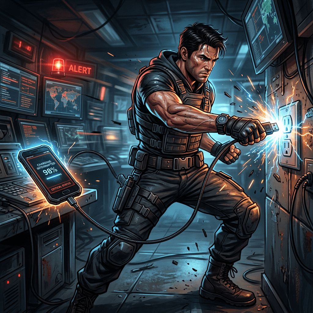Man in tactical gear stopping a critical cyberattack with sparks from an electrical outlet
