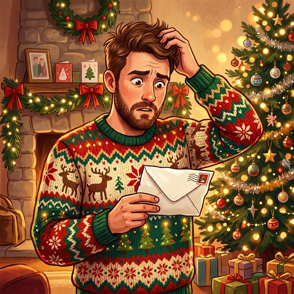Man in Christmas sweater holding a letter addressed to Alex with worried expression