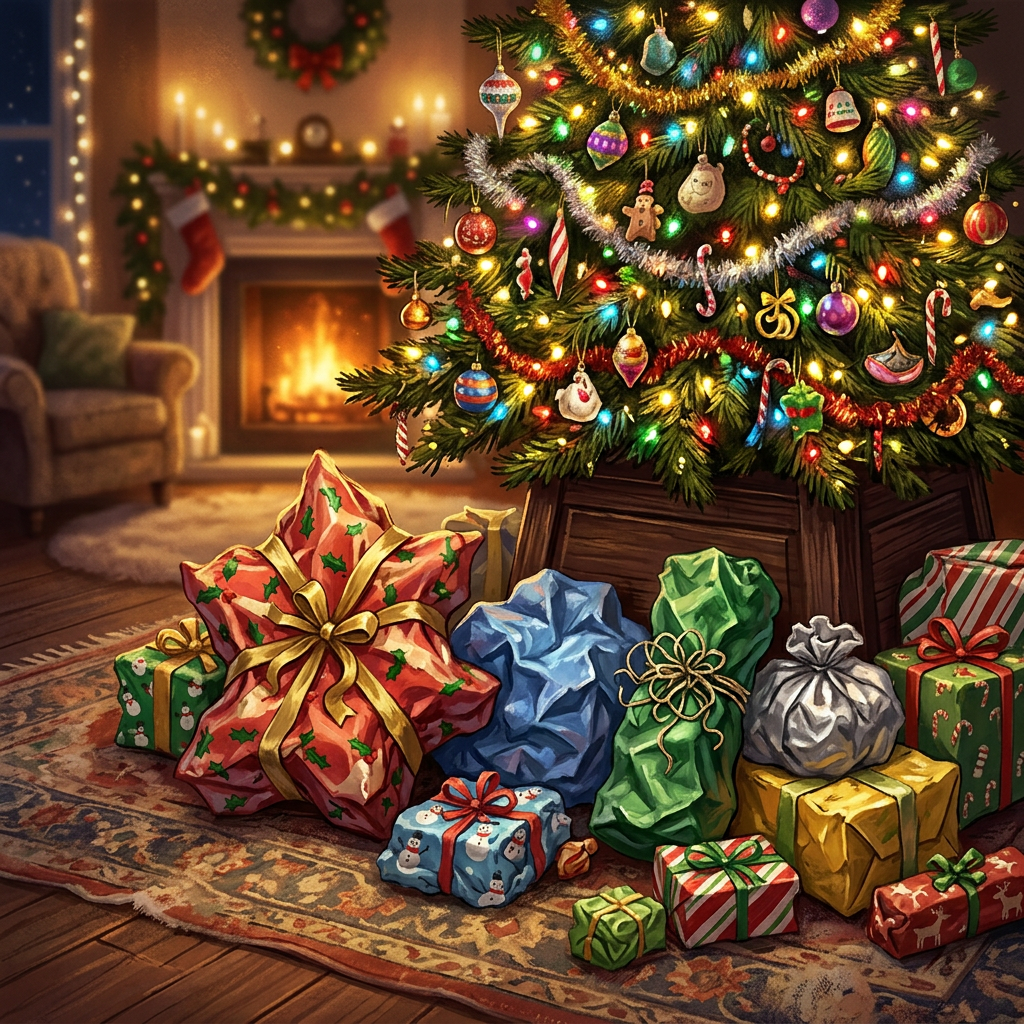 Christmas tree with colorful ornaments and wrapped presents beneath