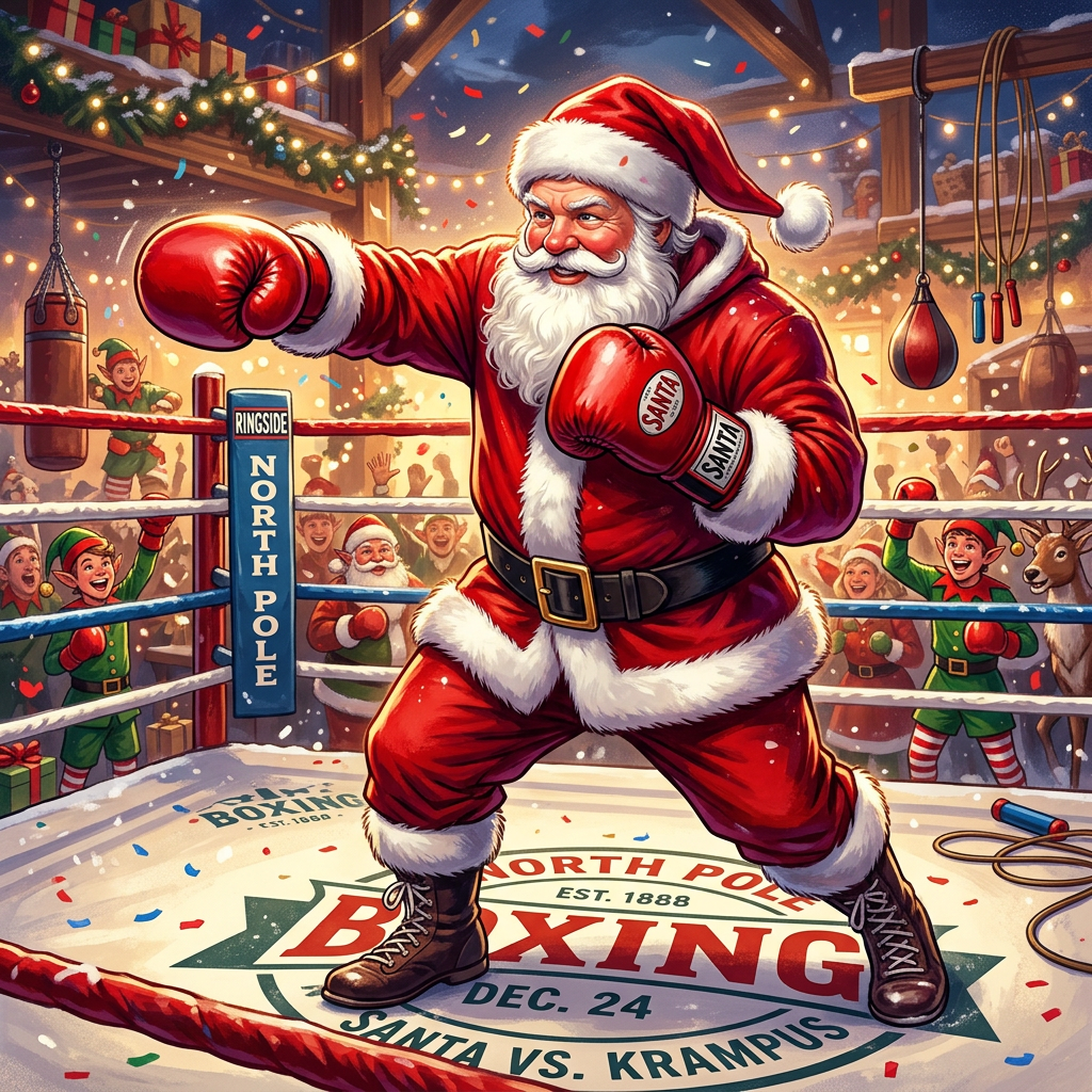Santa Claus wearing red boxing gloves in a boxing ring with North Pole signage and cheering elves.