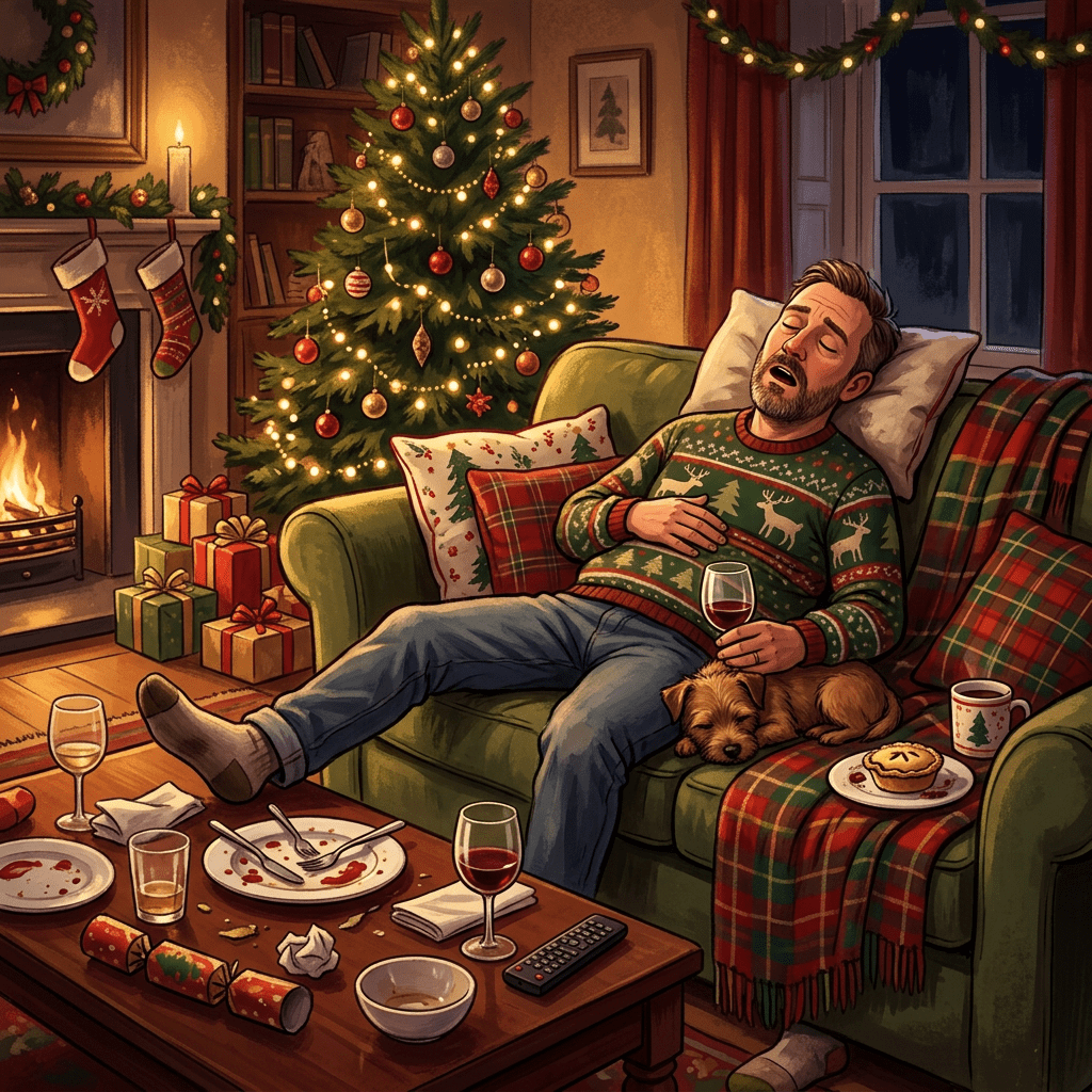 Man asleep on couch holding wine glass next to sleeping dog in decorated Christmas living room