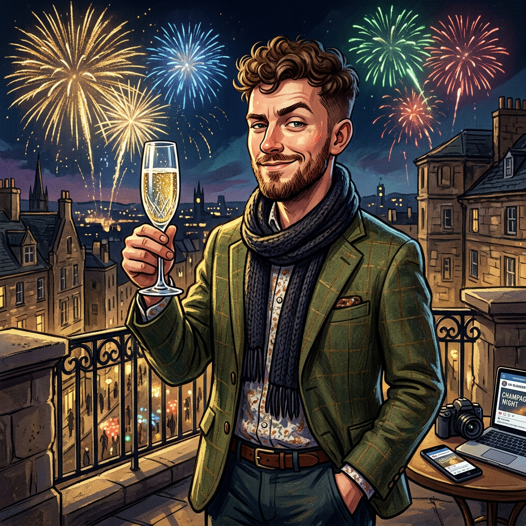 Man holding a champagne glass on a balcony with fireworks in the sky