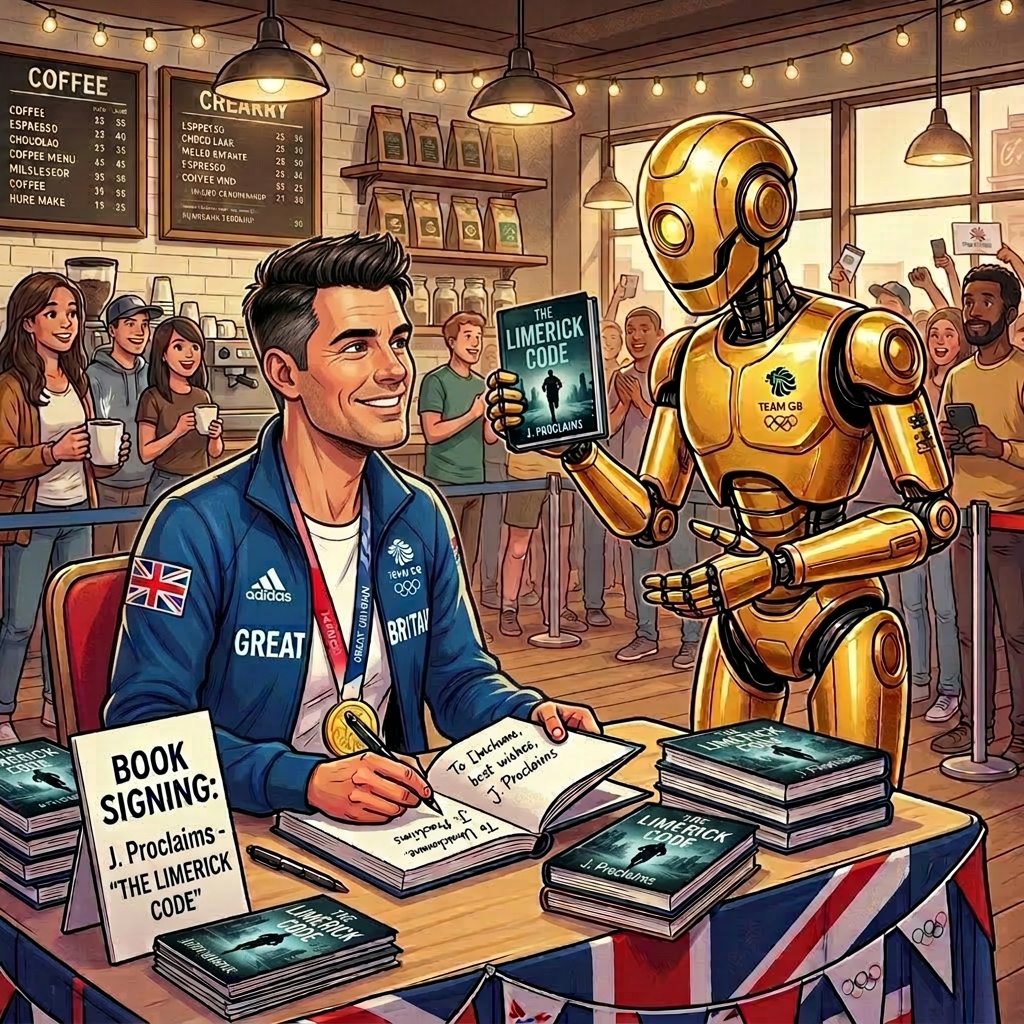 Team GB Olympic champion signing books at an event with a robot fan