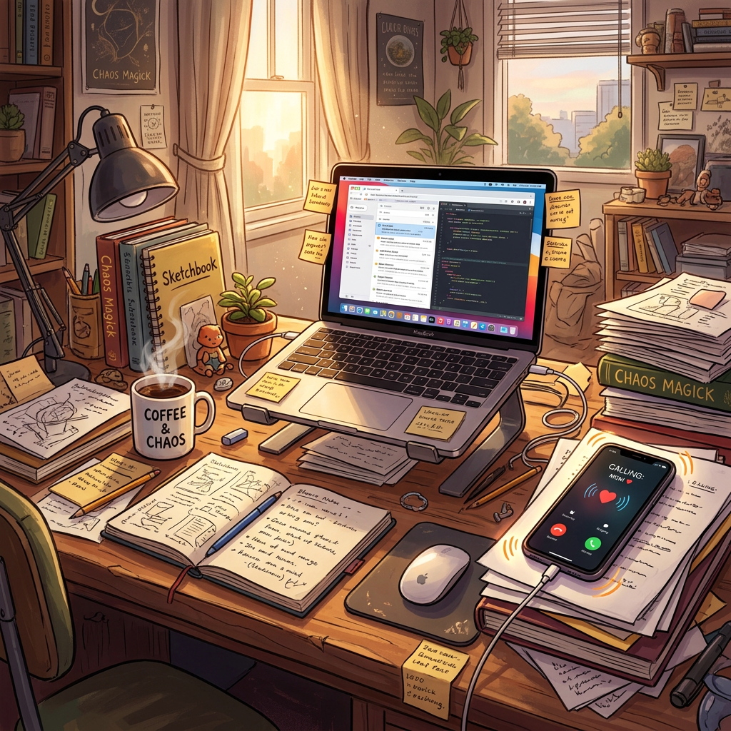 Desk with laptop, open notebooks, coffee mug labeled 'Coffee & Chaos', phone with incoming call, and various books and plants.