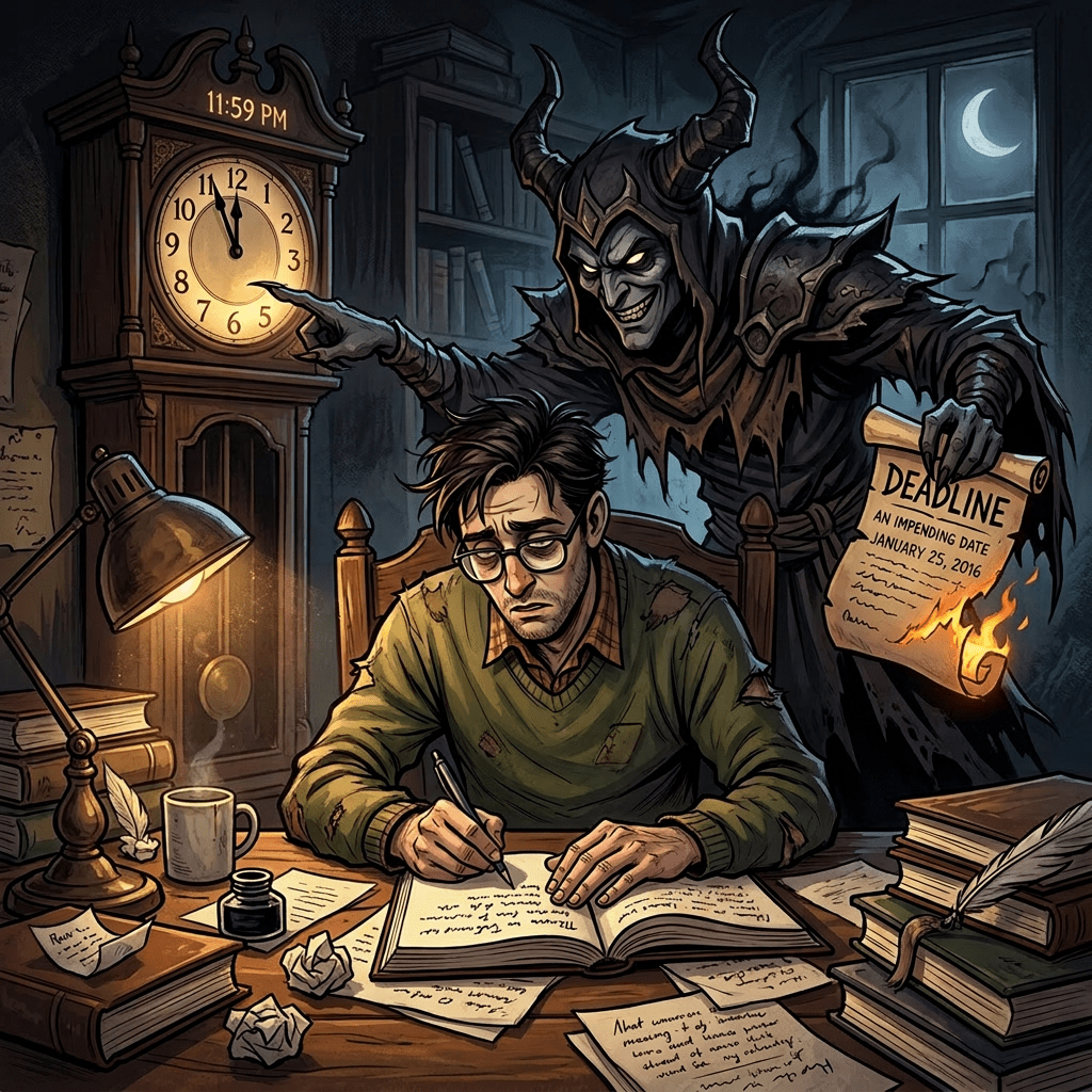 Stressed man writing at desk with dark horned figure holding a burning deadline scroll